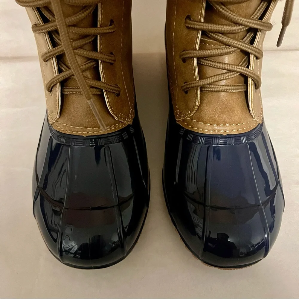 JustFab Navy/Tan Evi Knit Sock Liner Duck Boots - Picture 3 of 11